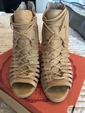 SO Tan Suede Lace-Up Peep Toe Booties
